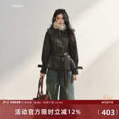 口毛呢皮大衣时尚 7Shiftin 原创设计深棕色收袖 复古收腰毛领外套