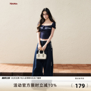 T恤收腰显瘦高级感泡泡袖 上衣 原创设计韩系深蓝方领短款 7Shiftin