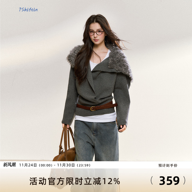 7Shiftin原创秋冬新款高级感灰色套头宽松毛针织衫设计感短款上衣