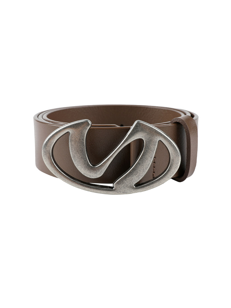 Brown leather belt with a large silver buckle on a white background