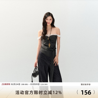 7Shiftin 原创设计春夏新款蕾丝一字肩吊带收腰设计感灰色上衣女