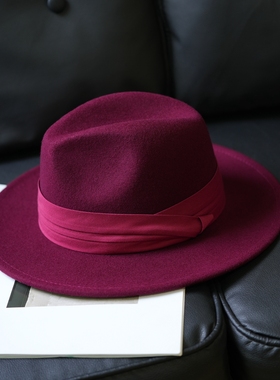 高雅紫色羊毛呢礼帽女英伦复古绅士帽子洋气时尚秋冬爵士帽平沿帽