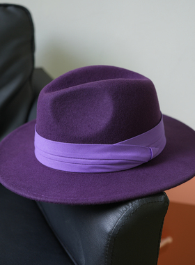 高雅紫色羊毛呢礼帽女英伦复古绅士帽子洋气时尚秋冬爵士帽平沿帽