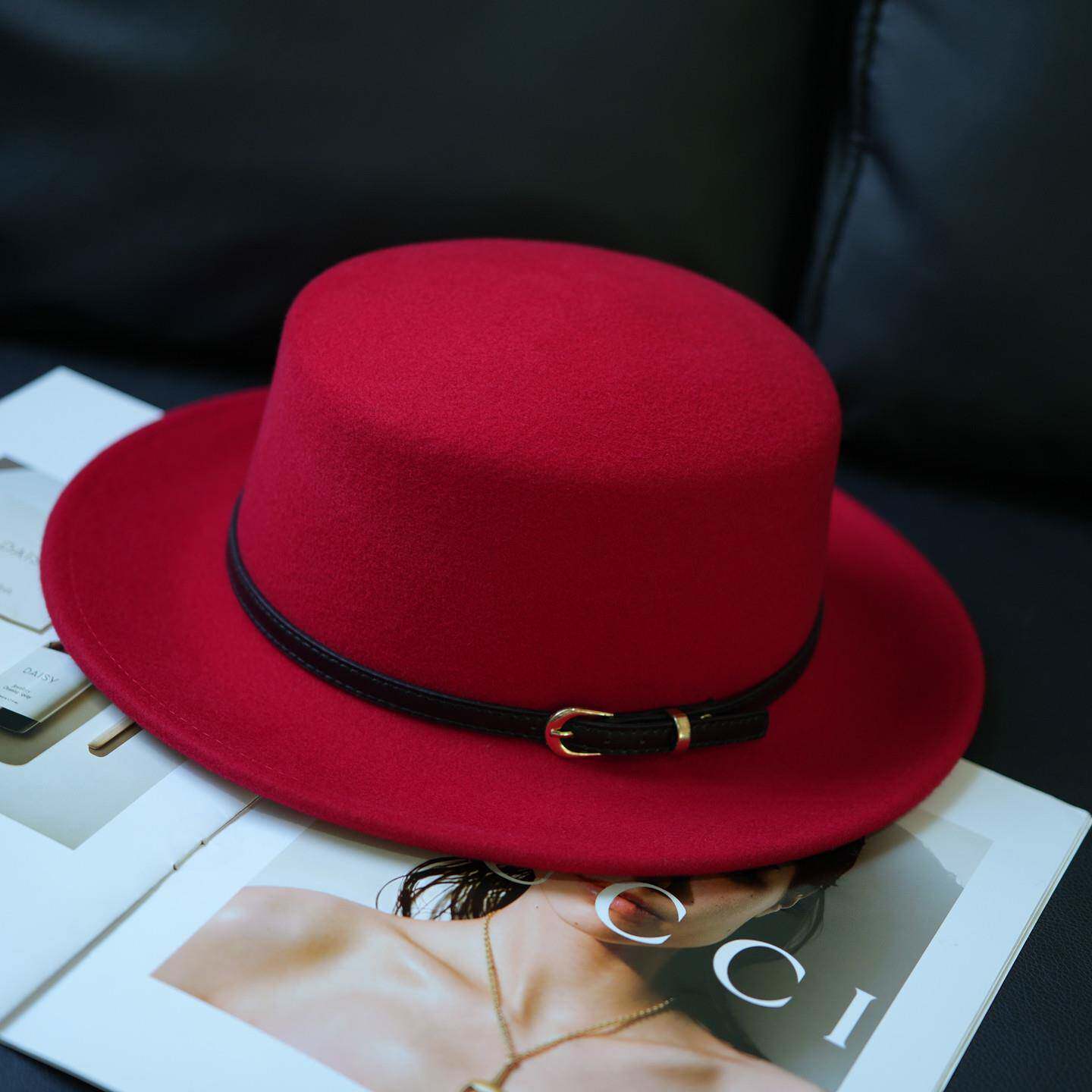 法式红色纯羊毛赫本风秋冬平顶礼帽女时尚休闲名媛皮带扣毛呢帽子