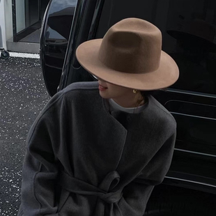 温暖驼色法式羊毛礼帽逛街休闲男女同款秋冬宽沿平沿休闲爵士帽子