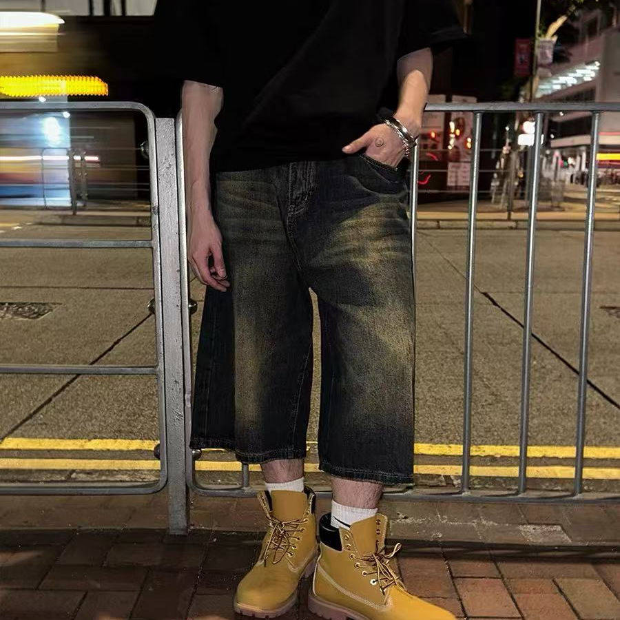 美式复古黑色牛仔七分裤女男夏季牛仔裤
