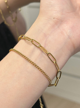 欧美跨境钛钢复古金色朋克风双层粗链不掉色手链女潮款情侣配
