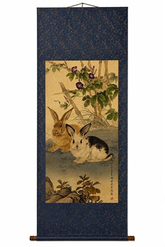 客厅挂画茶室中式画四尺中堂画 刘奎龄花下双兔图材质宣纸