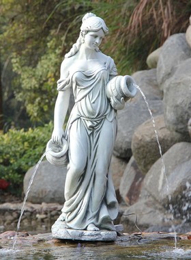 欧式大型喷泉流水喷水塑雕美女抱双罐庭院阳台花园大厅摆件装饰品