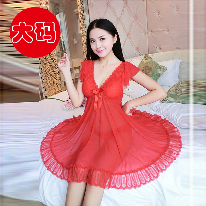 透明睡裙性感网纱可爱V领睡衣内衣套装家居服女士胖M大码诱惑短裙