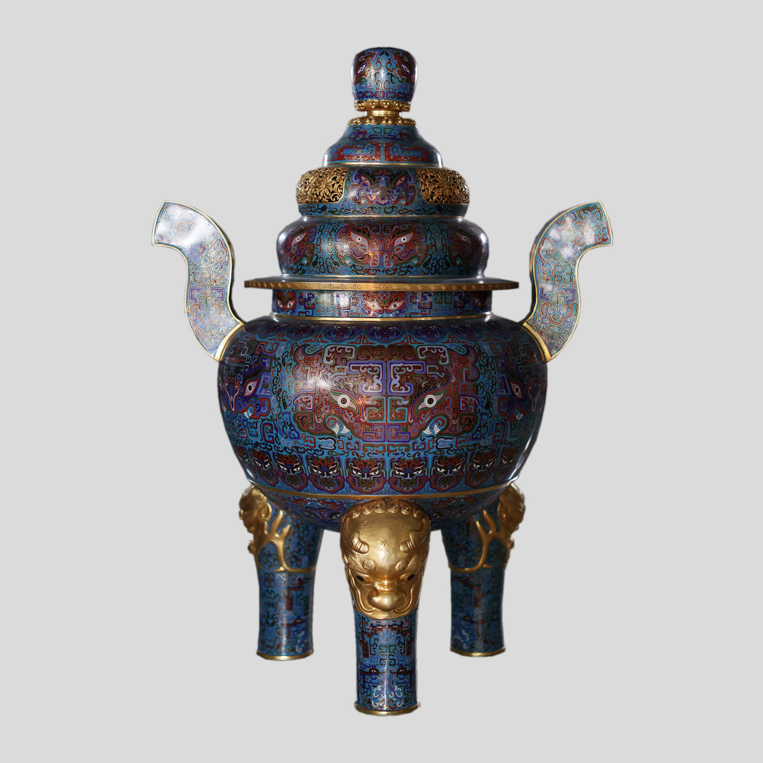金丹青 1.2米手工制胎純紫銅胎體景泰藍(lán)掐絲琺瑯獸面紋落地大香爐
