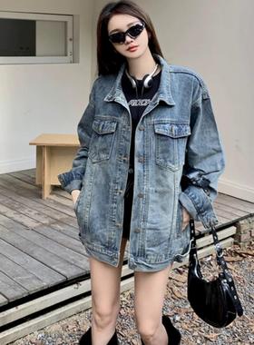 美式甜酷风牛仔长袖外套女春季新款复古BF翻领时尚百搭外搭上衣潮
