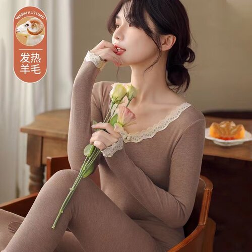薄款奢华蕾丝花边青年女发热羊毛秋衣秋裤套装女保暖套装性感爆款