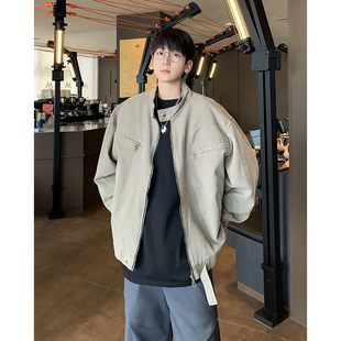 春装美式复古立领牛仔外套男宽松工装夹克痞帅休闲风青年潮牌上衣