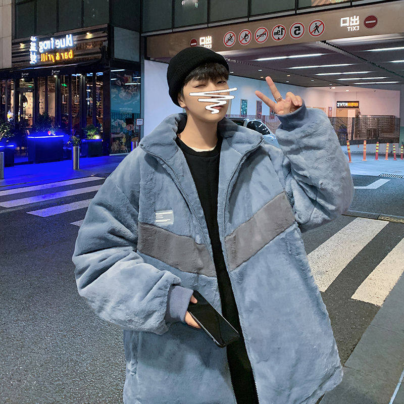 青年毛毛加厚棉服蓝色立领棉衣男棉衣
