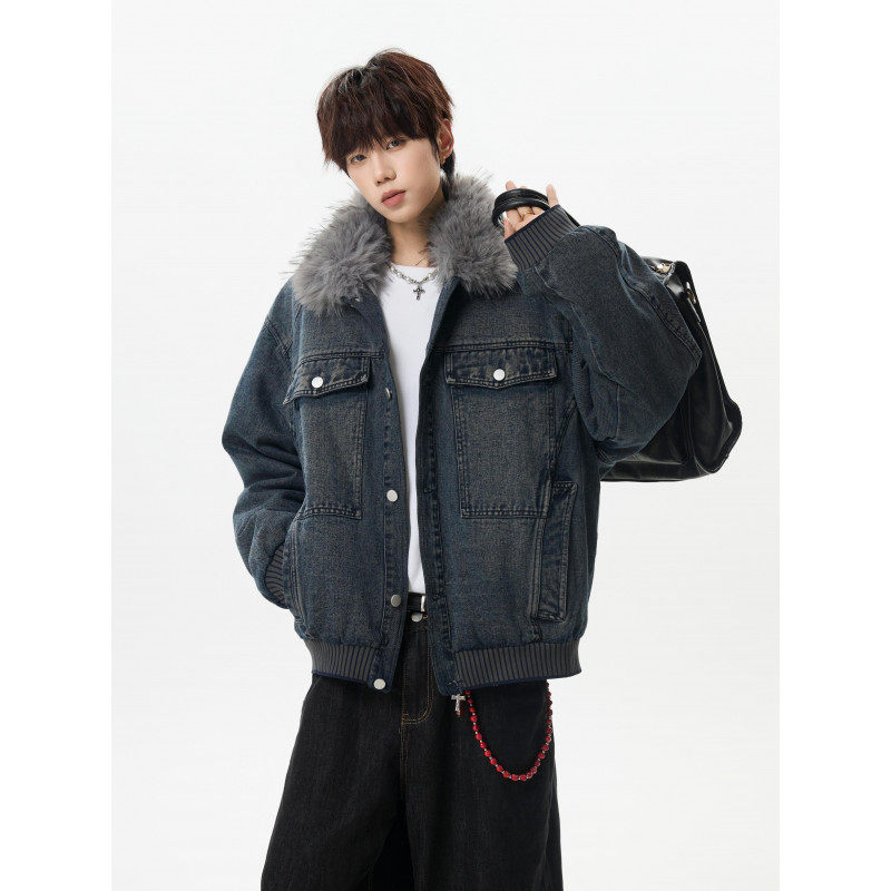 加棉加厚牛仔棉衣可拆卸毛领保暖外套男冬季加厚保暖棉服夹棉上衣