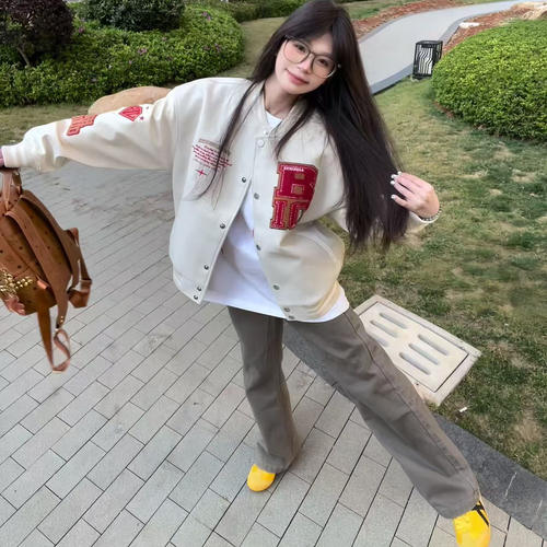 美式复古毛巾绣棒球服外套男女