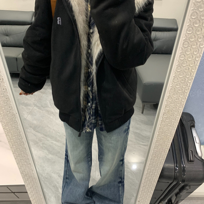 美式cleanfit座山雕毛茸毛领棉服