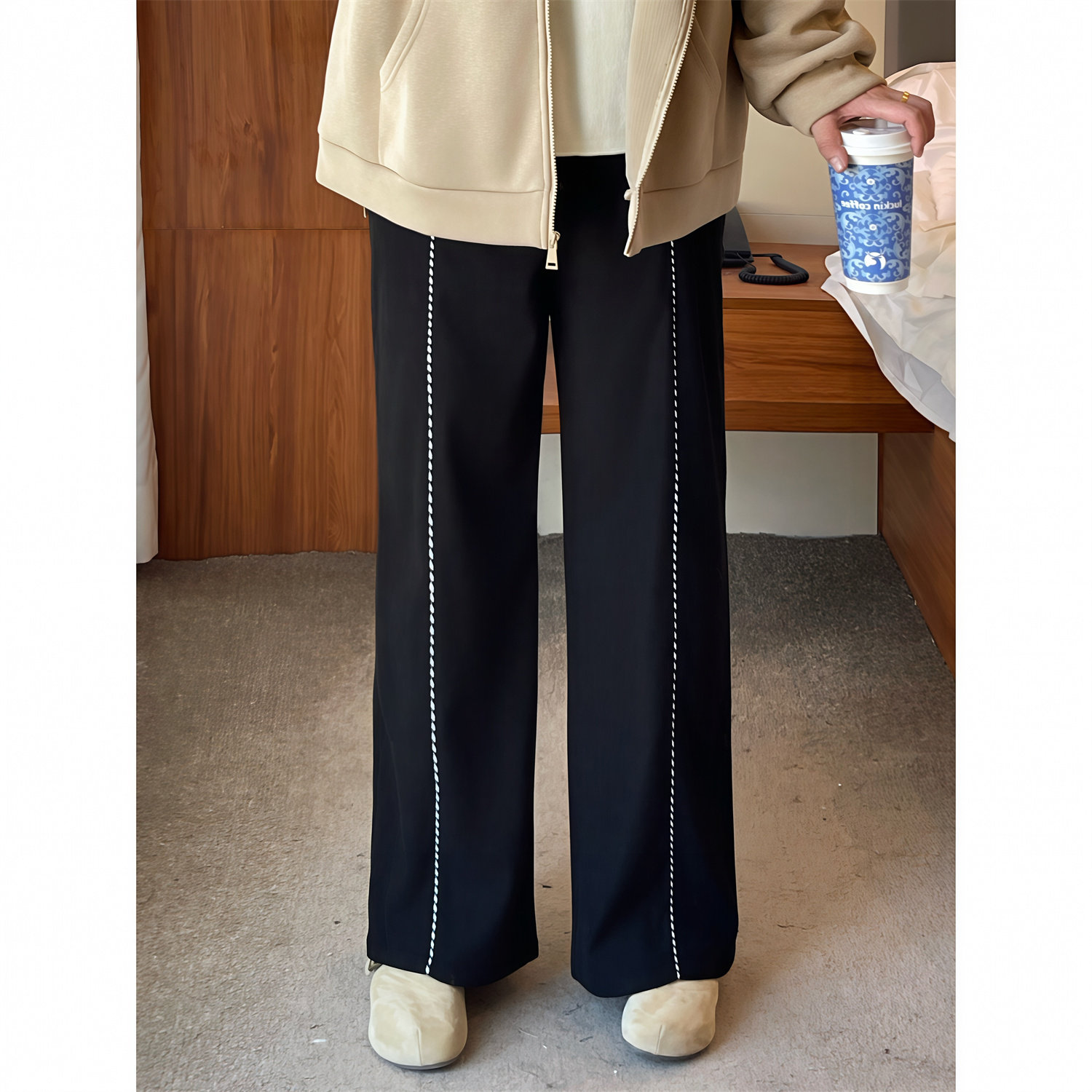 花契大码裤子15981秋冬加绒高腰阔腿裤胖妹妹灯芯绒明线撞色宽松,女装/女士精品,大码裤装,淘宝优惠券,粉丝福利购,淘宝优惠卷