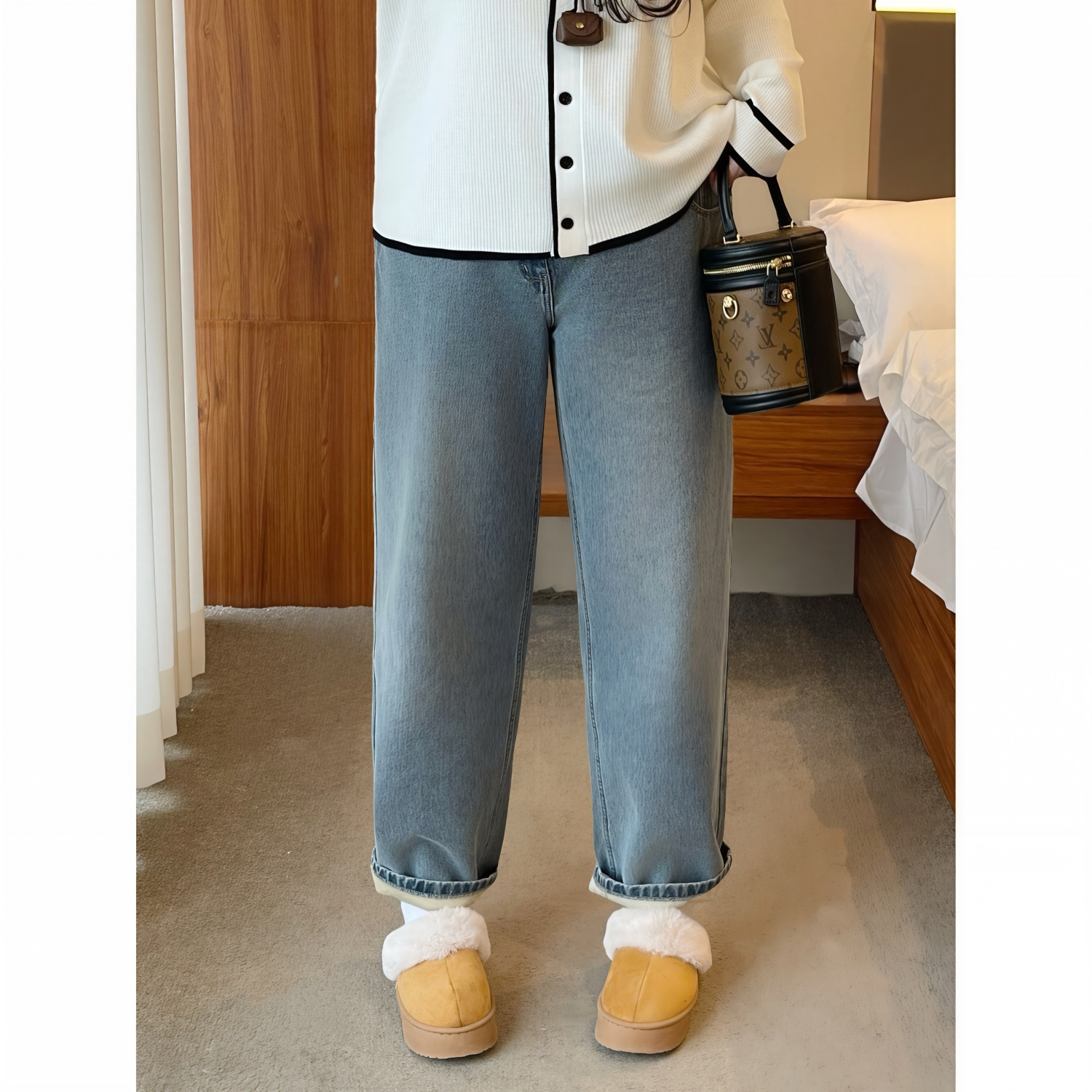 梵朵大码女装4002秋冬高腰胖MM梨形身材显瘦加绒牛仔裤百搭阔腿裤