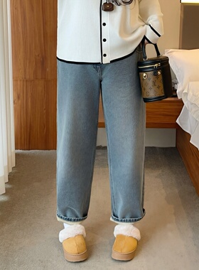 梵朵大码女装Y4002秋冬高腰胖MM梨形显瘦加绒牛仔裤百搭阔腿裤