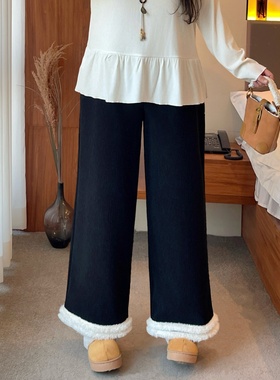 梵朵大码女装4381秋冬韩系拼接毛绒休闲裤慵懒显瘦遮肉加绒阔腿裤