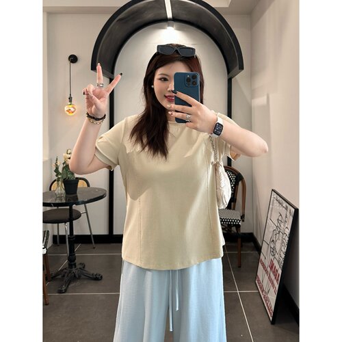 梵朵大码女装夏季洋气简约通勤圆领短袖T恤松弛宽松上衣16955S