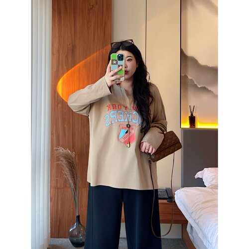 梵朵大码女装初春慵懒风字母印花长袖T恤通勤宽松百搭上衣5385Y