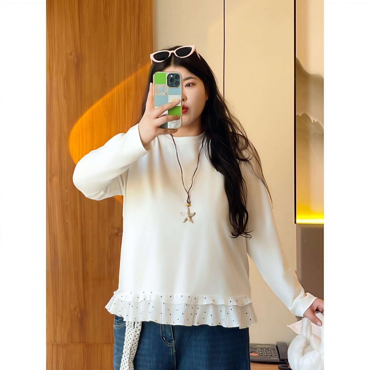 梵朵大码女装16227秋冬新款时尚气质打底衫长袖拼接蕾丝内搭上衣