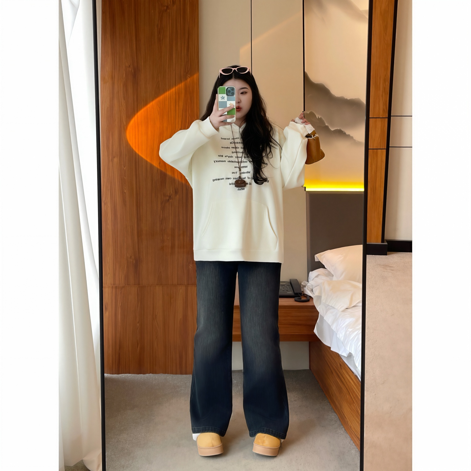 梵朵大码女装4375冬季复古慵懒设计感加绒微喇牛仔裤显瘦阔腿长裤