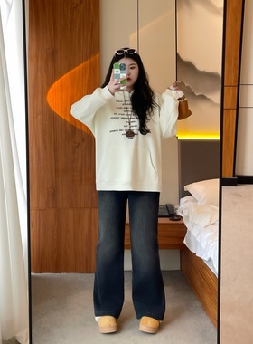 梵朵大码女装4375冬季复古慵懒设计感加绒微喇牛仔裤显瘦阔腿长裤