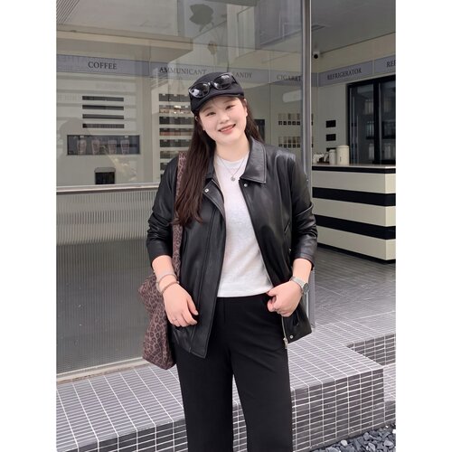 梵朵大码女装秋季通勤气质高街系带设计皮衣外套百搭夹克19030R