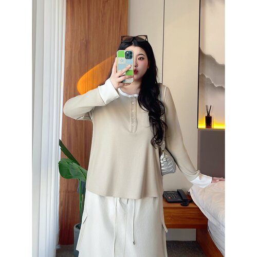 梵朵大码女装初春高级感遮肉胖MM新款针织衫个性拼接上衣潮16346Y