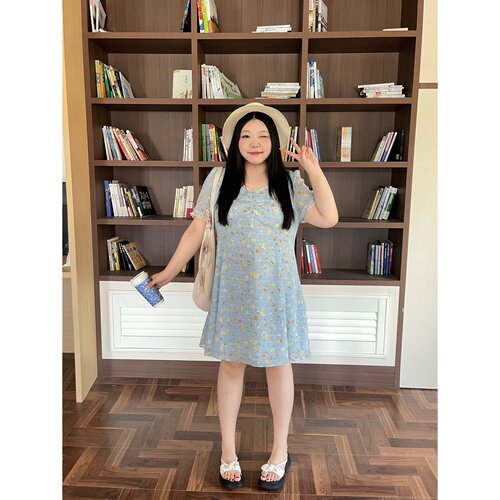 梵朵大码女装夏季法式松弛遮肉泡泡袖连衣裙通勤个性长裙18540J