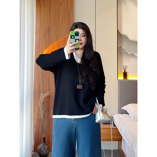 梵朵大码女装初春新款松弛感时髦胖MM假两件针织衫宽松上衣16929Y