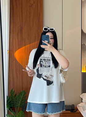 梵朵大码女装夏季韩版街头风百搭简约T恤遮肚宽松短袖上衣4422J