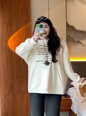 梵朵大码女装4373秋冬美式字母印花加绒卫衣宽松连帽慵懒风上衣潮