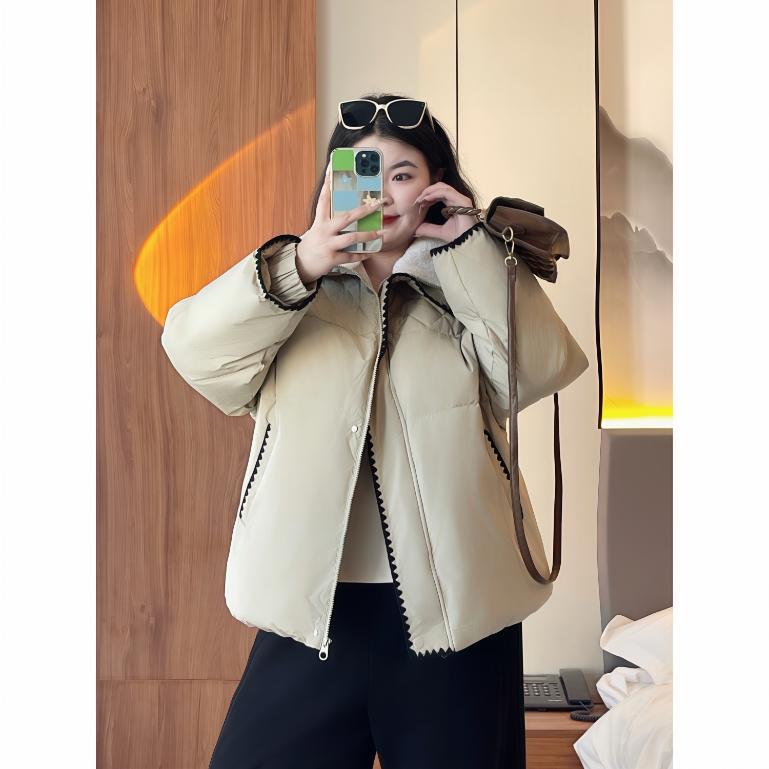 梵朵大码女装15574秋冬美式拼接翻领羽绒服保暖小众休闲百搭外套