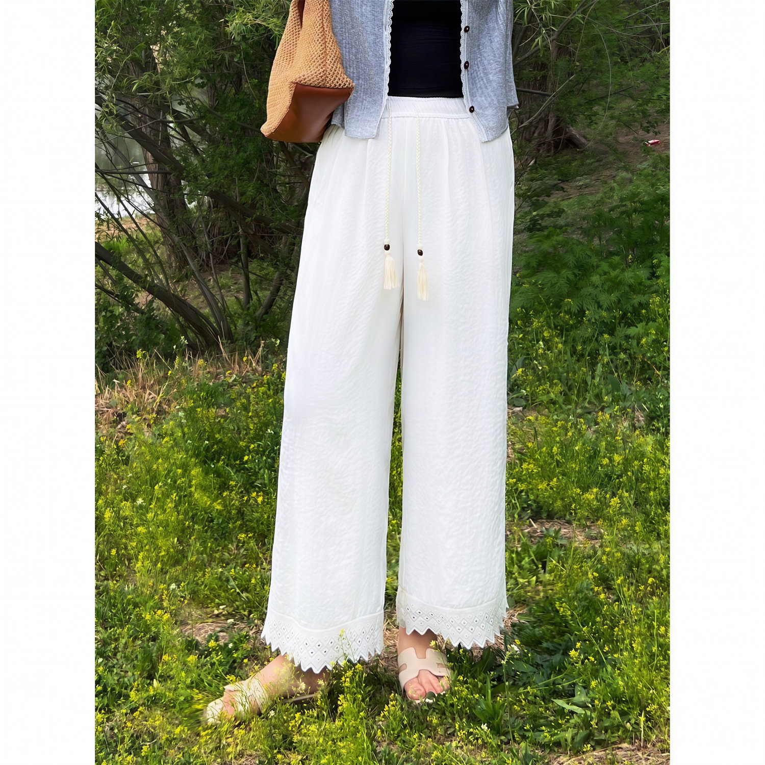 花契大码裤装14673新款刺绣花边宽松阔腿裤胖mm减龄洋气直筒裤夏,女装/女士精品,大码裤装,淘宝优惠券,粉丝福利购,淘宝优惠卷