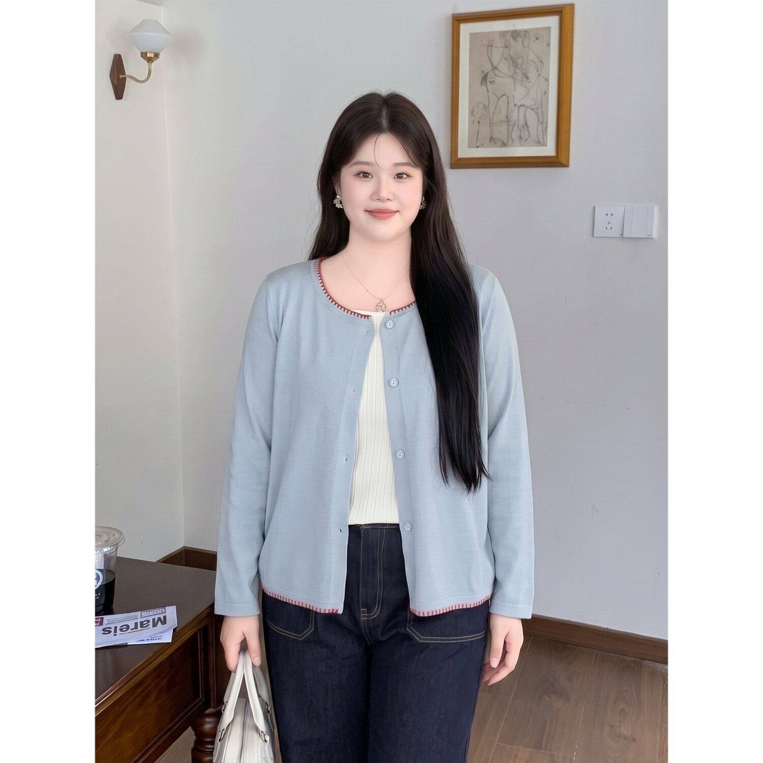 梵朵大码女装秋季洋气胖妹妹遮肚针织开衫休闲风小众上衣17922R
