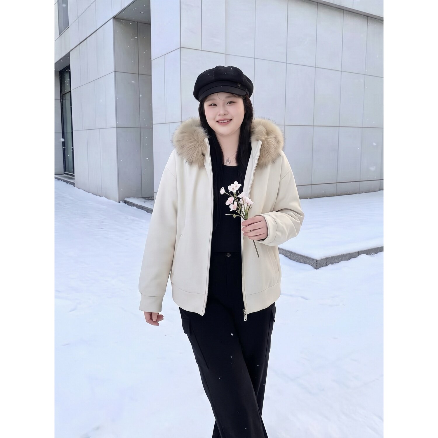 梵朵大码女装秋季洋气遮肉上衣保暖大毛领连帽夹棉外套潮19013R
