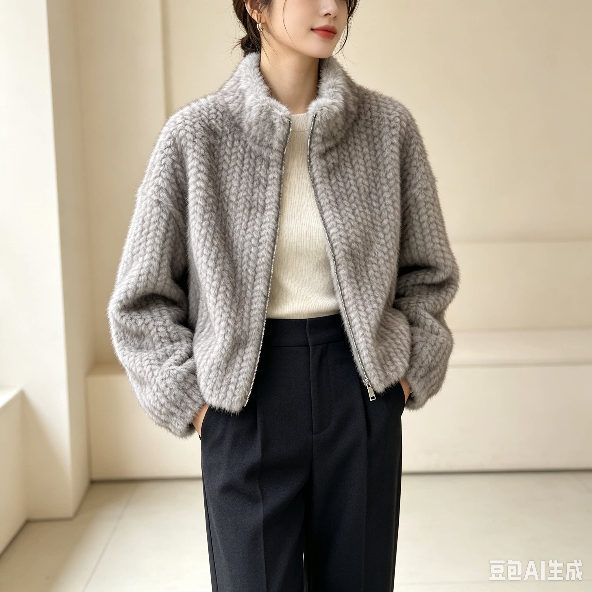 仿水貂编织皮草外套女秋冬新款立领拉链短款上衣轻奢软糯毛绒外套