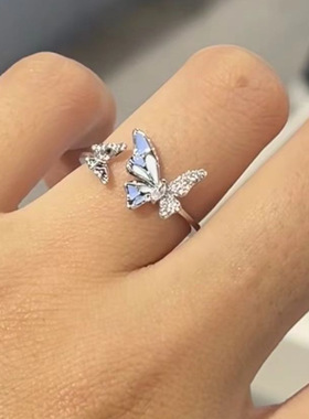 甜美蓝色蝴蝶戒指女气质轻奢精致高级感食指戒小众开口可调节指环