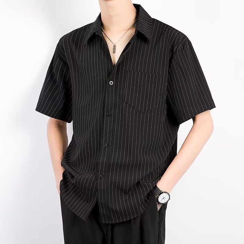 夏季条纹短袖衬衫男装轻熟风半袖韩版轻熟风修身翻领中袖男衬衣潮