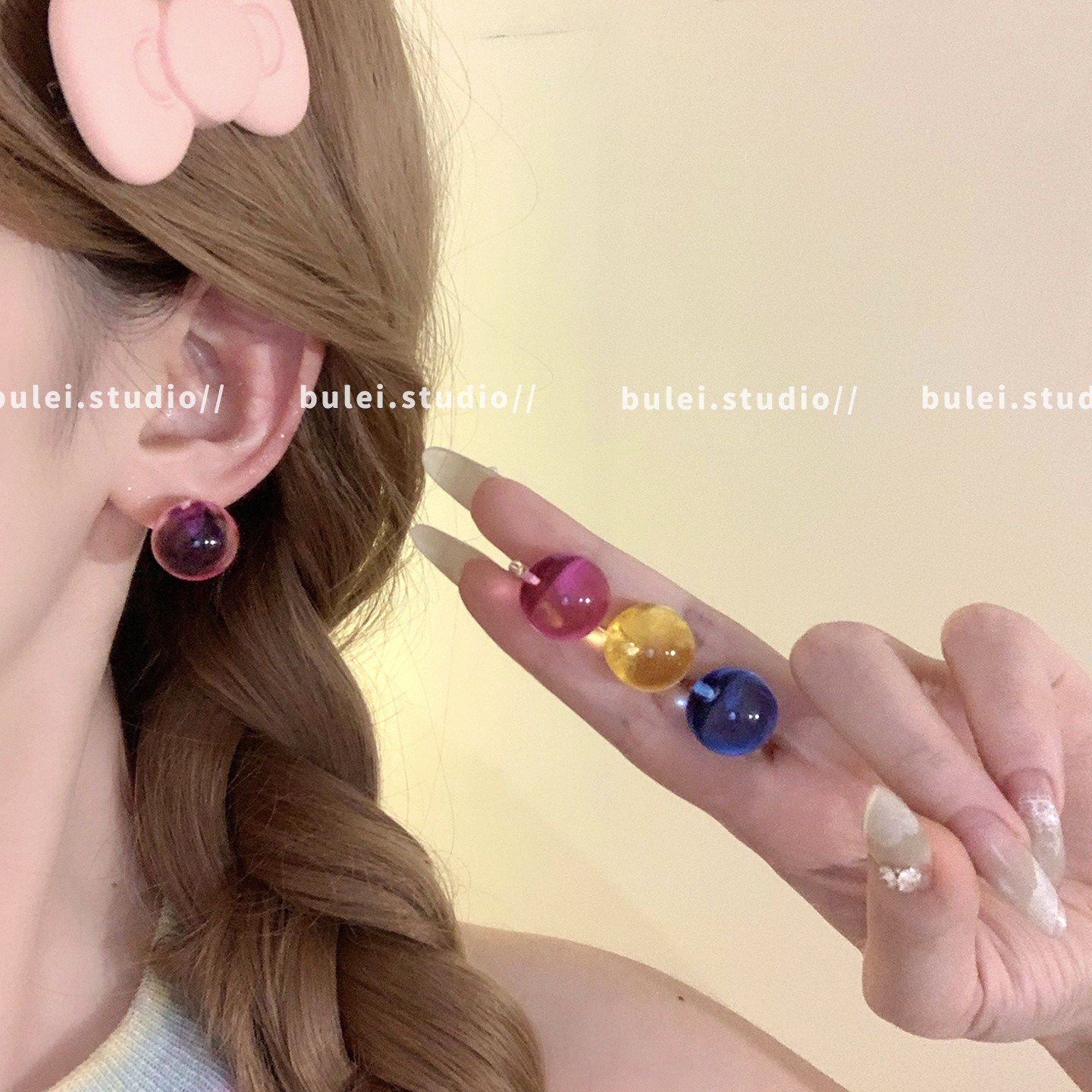 韩系彩色糖果透明圆球耳钉女小众设计感耳环气质耳饰无耳洞耳夹