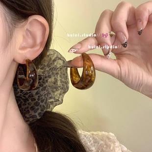 秋冬复古咖色梅拉德圈圈耳环耳钉耳饰银针耳夹无耳洞耳夹耳圈耳饰