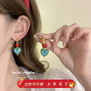 昭和少女日系复古撞色多巴胺爱心耳环耳饰小众设计耳夹无耳洞