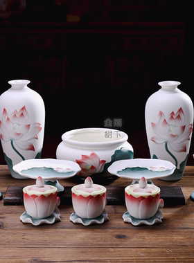 青红系列陶瓷莲花供水杯供佛杯观音佛具用品圣水杯佛前套装