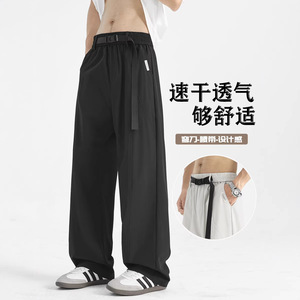 美式解构拼接小西裤男女秋款自带卡扣设计高街潮牌宽松大码休闲裤图片