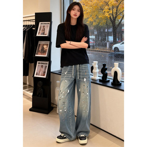美式复古漆点牛仔裤男女款春秋季高街潮牌cleanfit宽松直筒休闲裤图片
